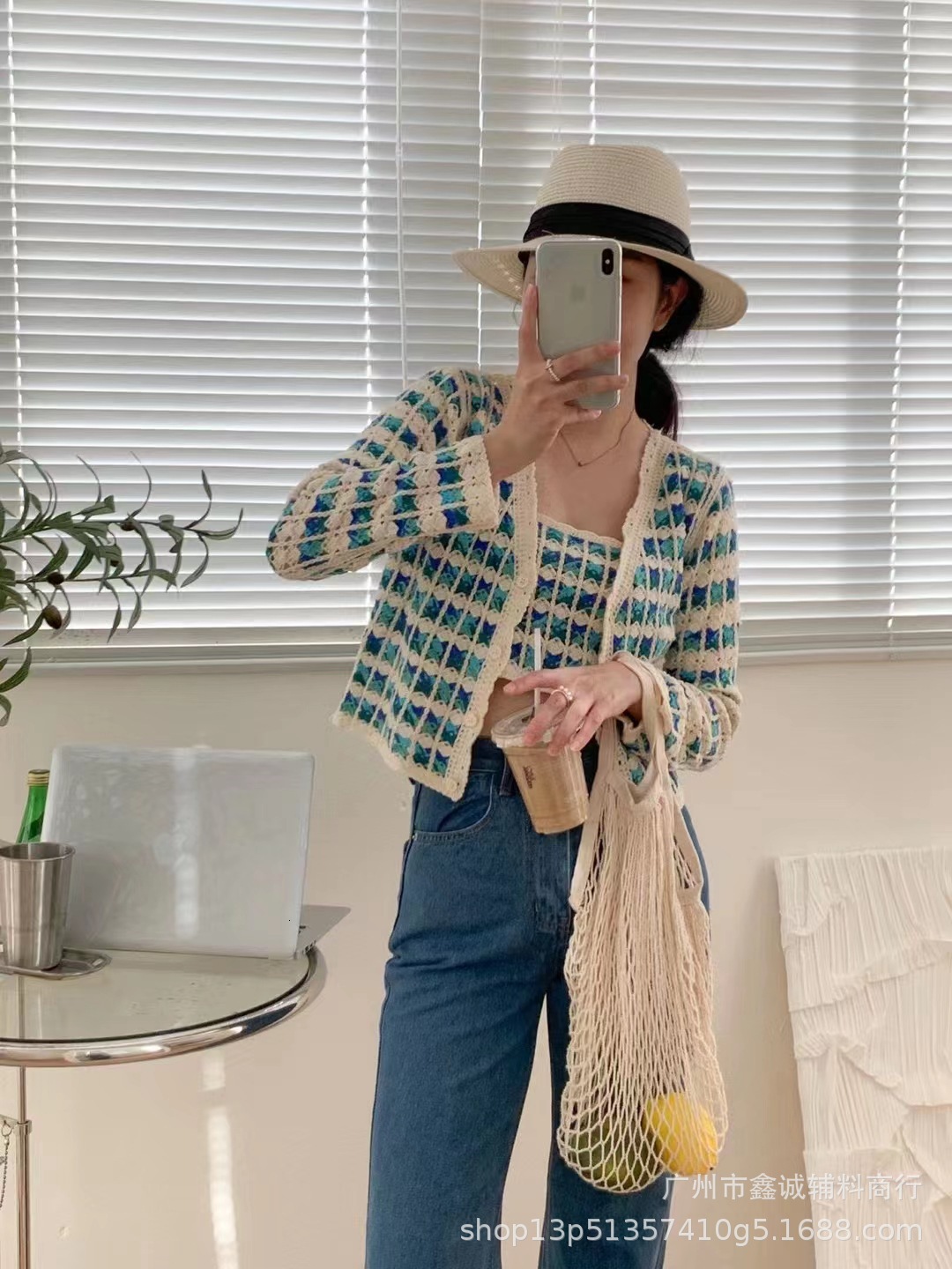 New Salt Girl Style Two Piece Set with Hook Flower Stripe Color Design Suitable for Female Designers' Unique Temperament Knitted Shirt