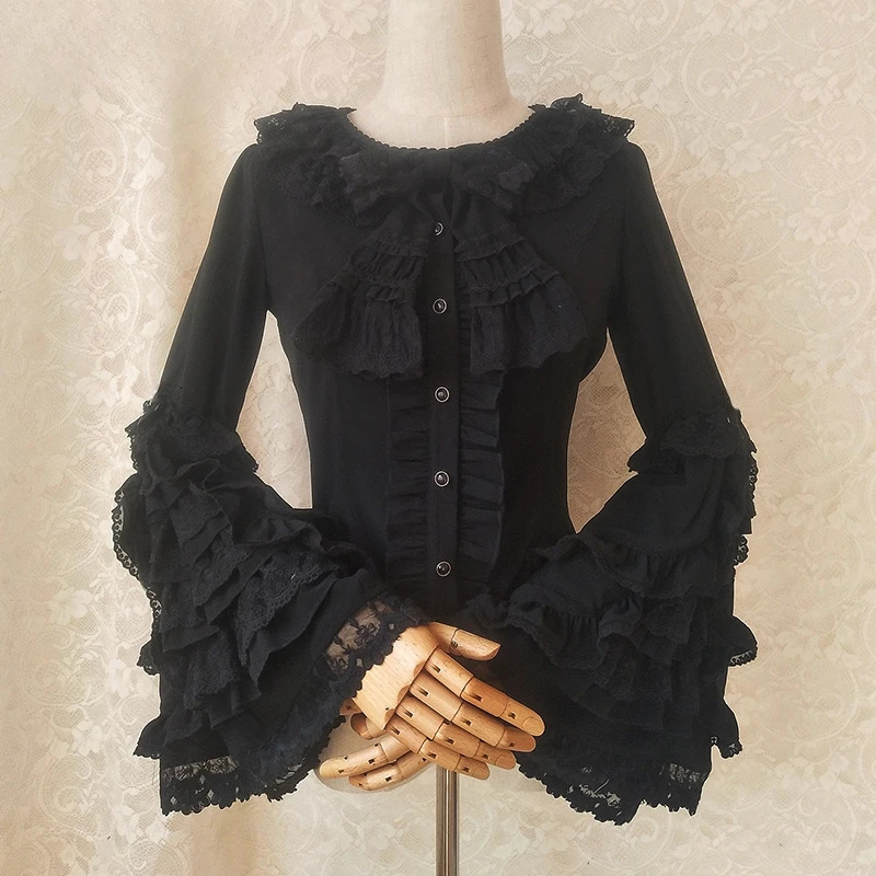 Japanese Victorian Lolita Shirts Women Vintage Sweet Flare Long Sleeves Slim Tops Female Gothic Y2k Black White Blouses