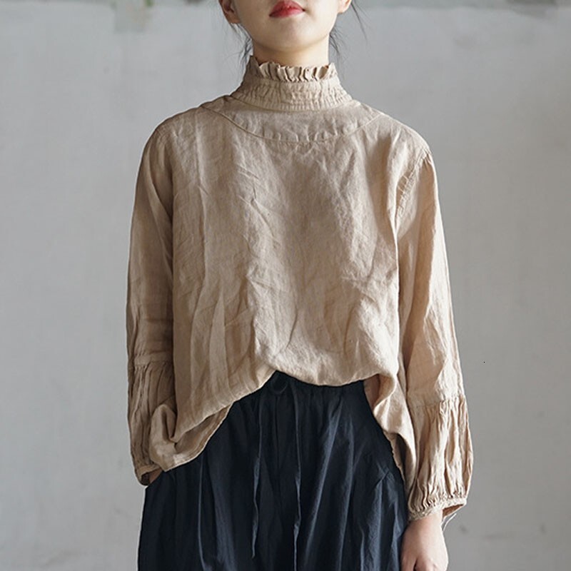 Autumn New Cotton En Retro Lace High Collar Bottoming Shirt Simple Comfortable Solid Color All-Match Women Top