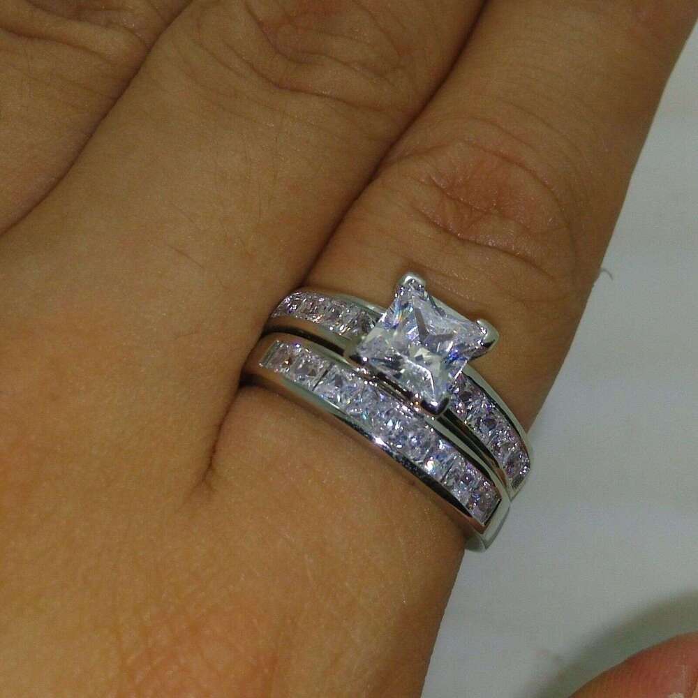 Princess Cut White Gold Filled Wedding Ring Set with Topaz CZ Dias