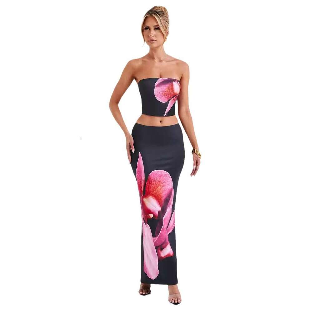 2024 spring/summer new style women's fashion strapless printed vest slim fit hip hugging skirt set