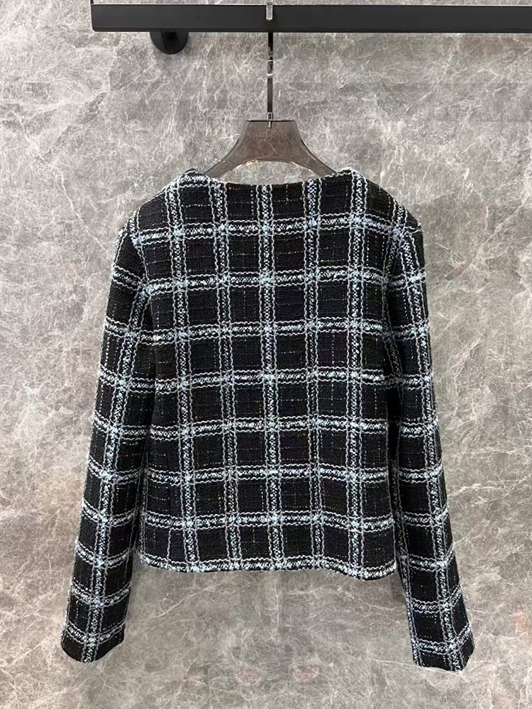 Vintage Woven Soft Tweed Wool Plaid Round Neck Short Coat 2024 Fall Women's New Fashion All-Match Silk Ing Jacket