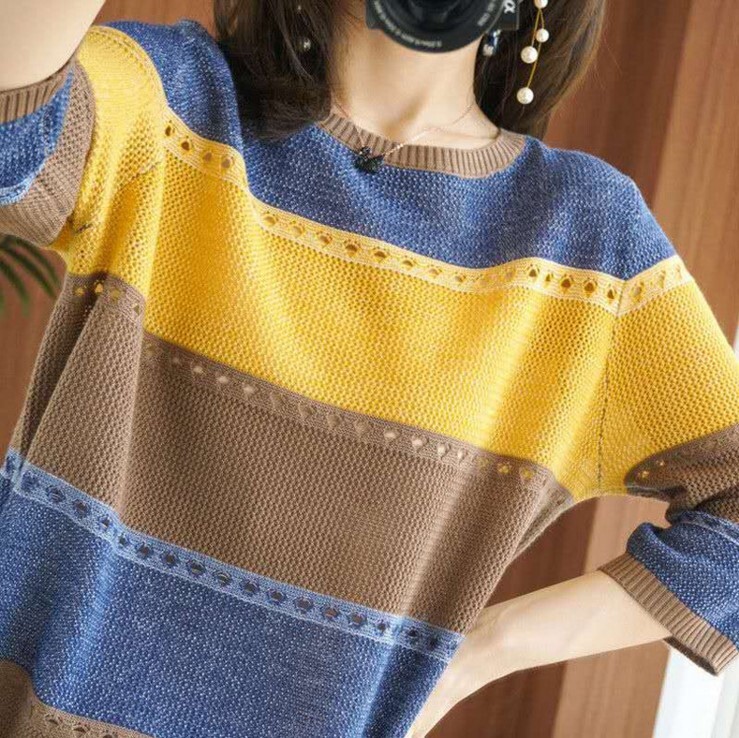 New round neck colored pullover sweater, knitted sweater for women, Korean version, loose fit, hollow T-shirt, seven quarter sleeve designer women