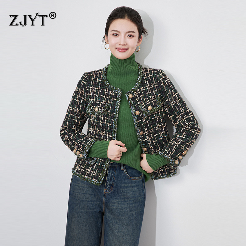 ZJYT Elegant Ladies Plaid Tweed Woolen Jacket For Women Ropa De Mujer 2024 Winter Coat Single Breasted Outerwear Veste Femme