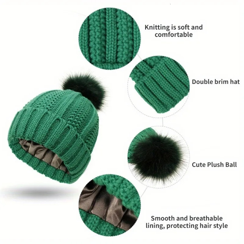Soft Satin Lined Beanie With Pom Solid Color Knit Hats Breathable Cuffed Beanies Elastic Skull CapForWomen Girls Autumn Winter 241125