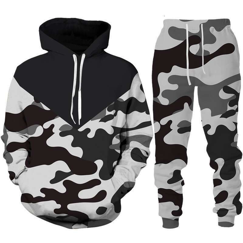 2024 autumn and winter new camouflage 3D digital printing daily men's hooded casual loose hoodie set