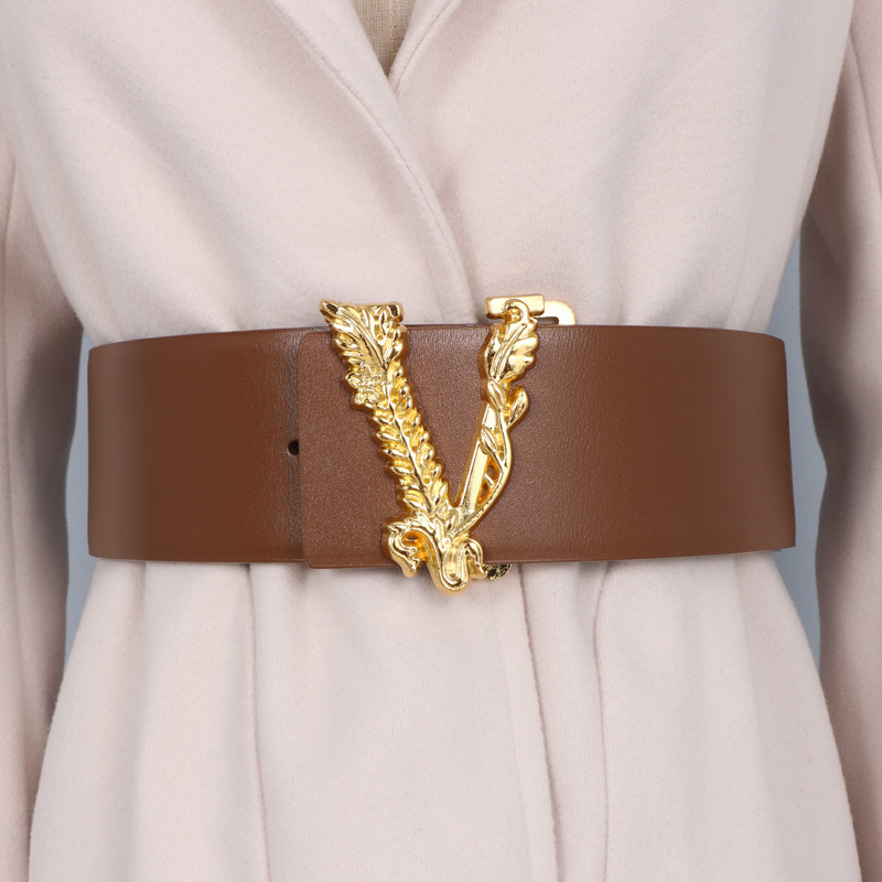 Width 6.5Cm Waist Women Metallic Gold Large V-Shaped Cowhide Decoration Versatile Fashion Commuter Dress Jacket Jeans Belt