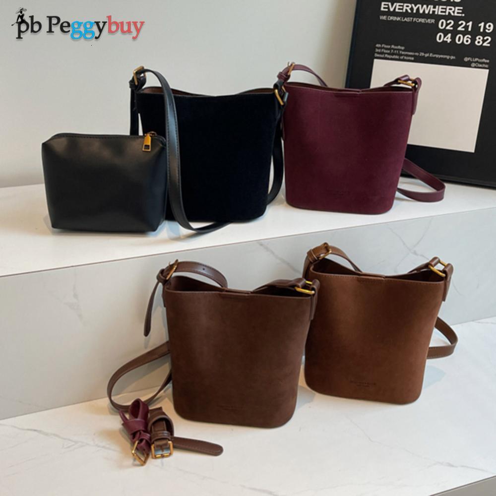 Women Fashion Retro Niche Design Suede Large Capacity Casual Leather Bucket Vintage Crossbody Satchel Bag