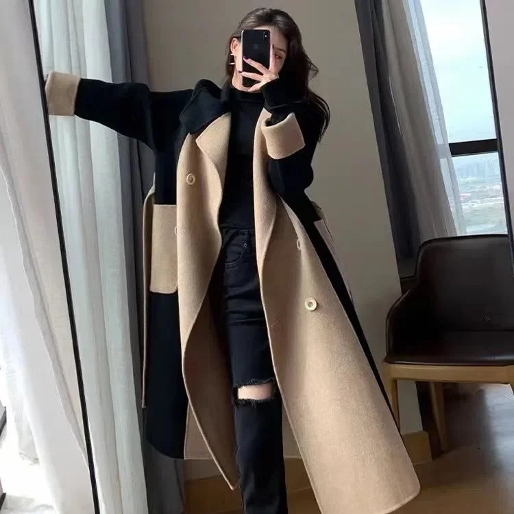 Winter Womens Woolen Coat Color Block Elegant Slimming Loosefit Doublesided Fleece Lined Long Jacket 241121