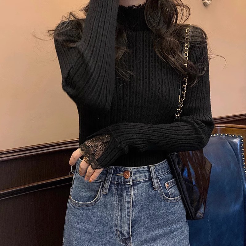 New lace trimmed semi high neck white women's sweatshirt for early autumn, new long sleeved woolen designer jacket, knitted top