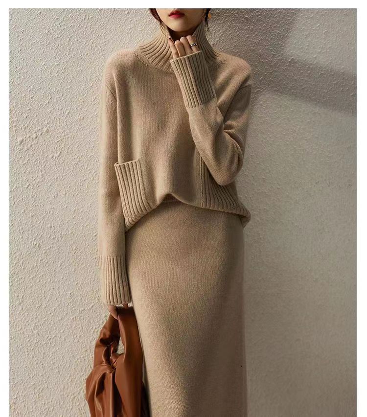Autumn Knitted Suit With Two Skirt Set Women Winter Sweater Sets Korean Style Fall 2 Piece Outfit Sweater 2024
