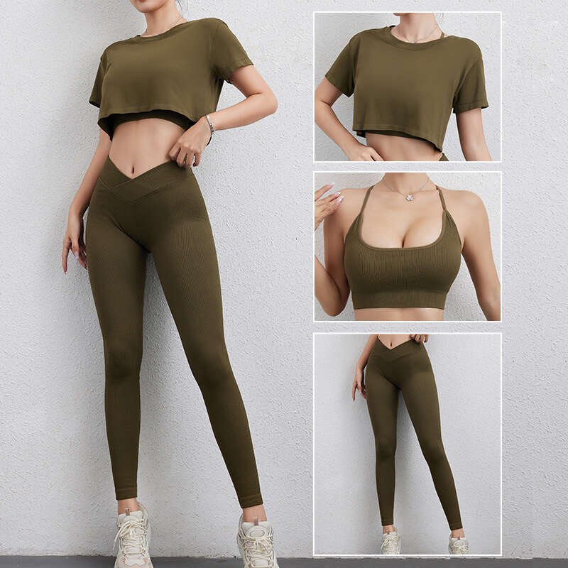 Seamless thread Y bra loose short sleeved pants yoga suit women's professional running sports three piece set