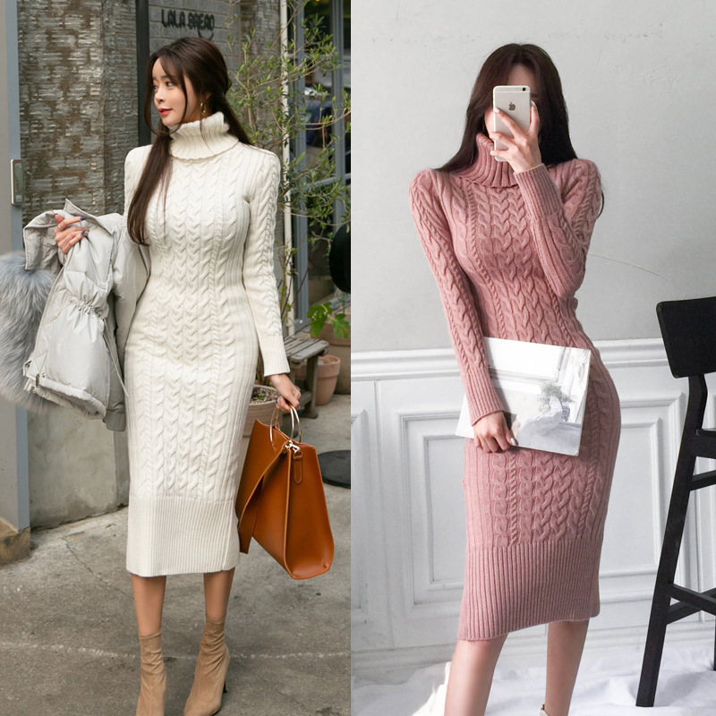 Spring And Autumn Korean Fashion Women's Dress With Sexy High Collar, Slim Fit, Hip Knee Hugging, Goddess Style