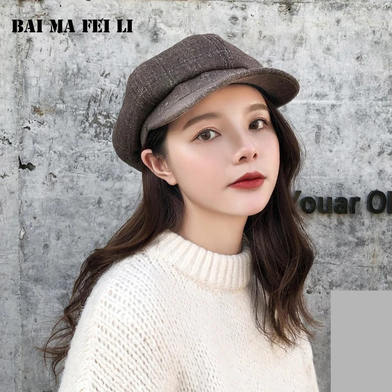 Retro Fashion Womens sboy Hats Plaid Octagonal Beret Cap Tweed Outdoor Visor Baker Cabbie Ladies 241125