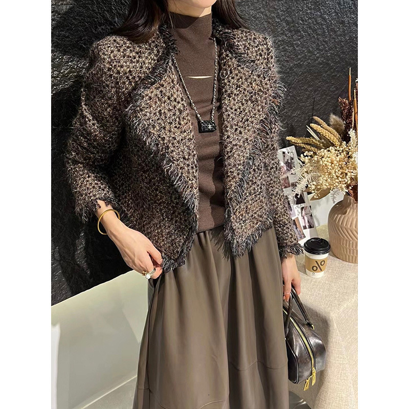 Wool + Skirt, Burr Edge Suit, Spring Women's Tweed Short PU Skirt Set Coat Women Winter Jacket