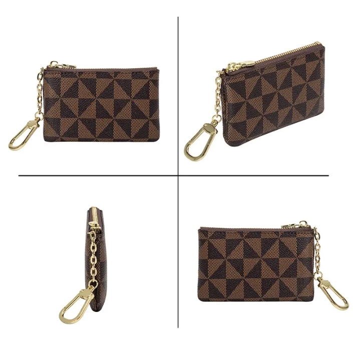 new bag Key Storage Bag with Chain Women Mini Coin Purse Luxury Designer Plaid Leather Small Zipper Wallet Ladies Keychain Trendy Y260206
