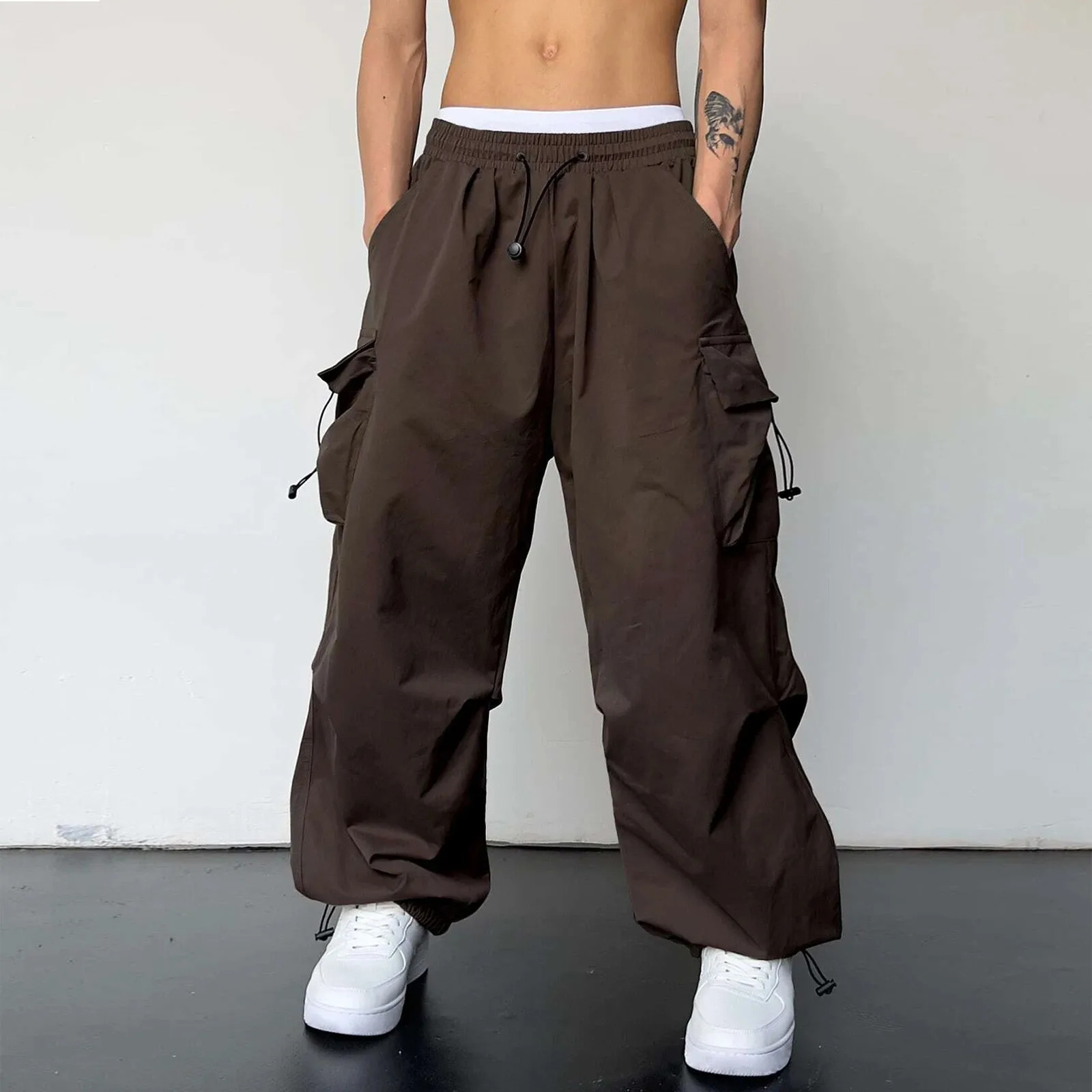 Cargo Pants Men Harajuku Oversized Streetwear Hip Hop Wide Leg Joggers Baggy Solid Elastic Waist Multi Pockets Trousers 241120