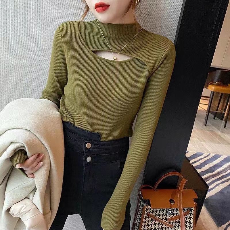 Autumn and winter new Heart Machine women's hollow Western style base slim design semi designer high neck knitted sweater