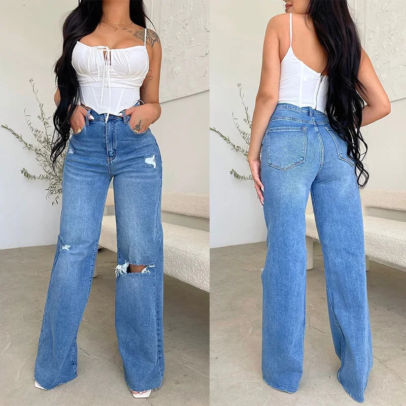 Mandylandy womens jeans long waist torn worn comfortable wide legs denim pants washed holes streetwear denim Trousers 241122