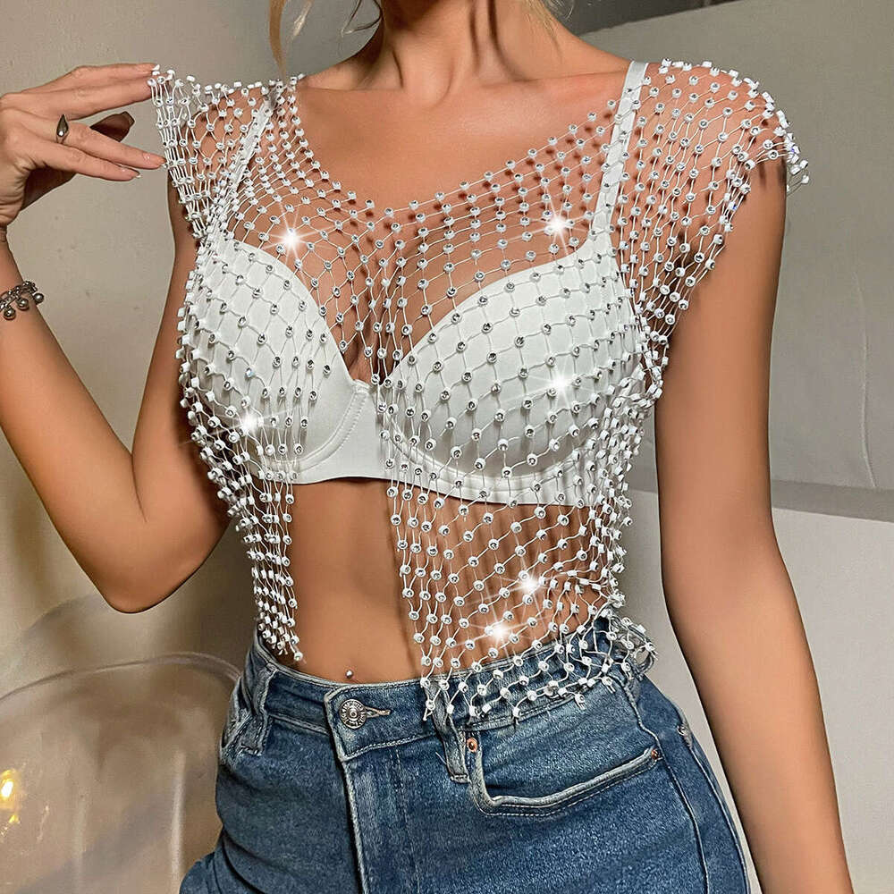Water Fishing Net 2023 Summer New Style Mesh Flash Diamond Women's Sleeveless Tank Top L21157