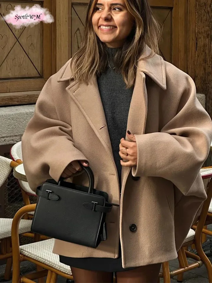 Autumn Solid Woolen Loose Short Coat Women Fashion Lapel Long Sleeved Warm Single Breasted Jacket 2024 Lady Commute Streetwear 241121