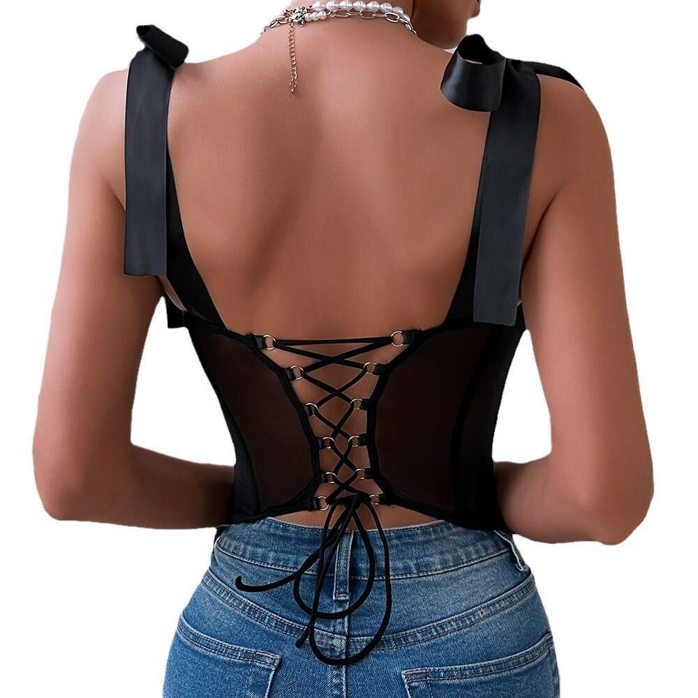 Hot selling summer drawstring suspender sequin backless steel ring gathered to tie up sexy hot girl little top
