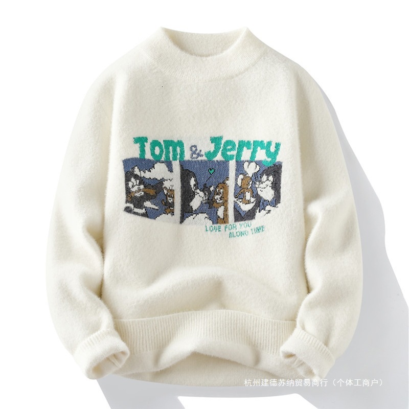 Winter New Thickened Warm Cartoon Couple Half High Collar Knitted Designer Sweater Men's Inner Tie Trendy Hoodie