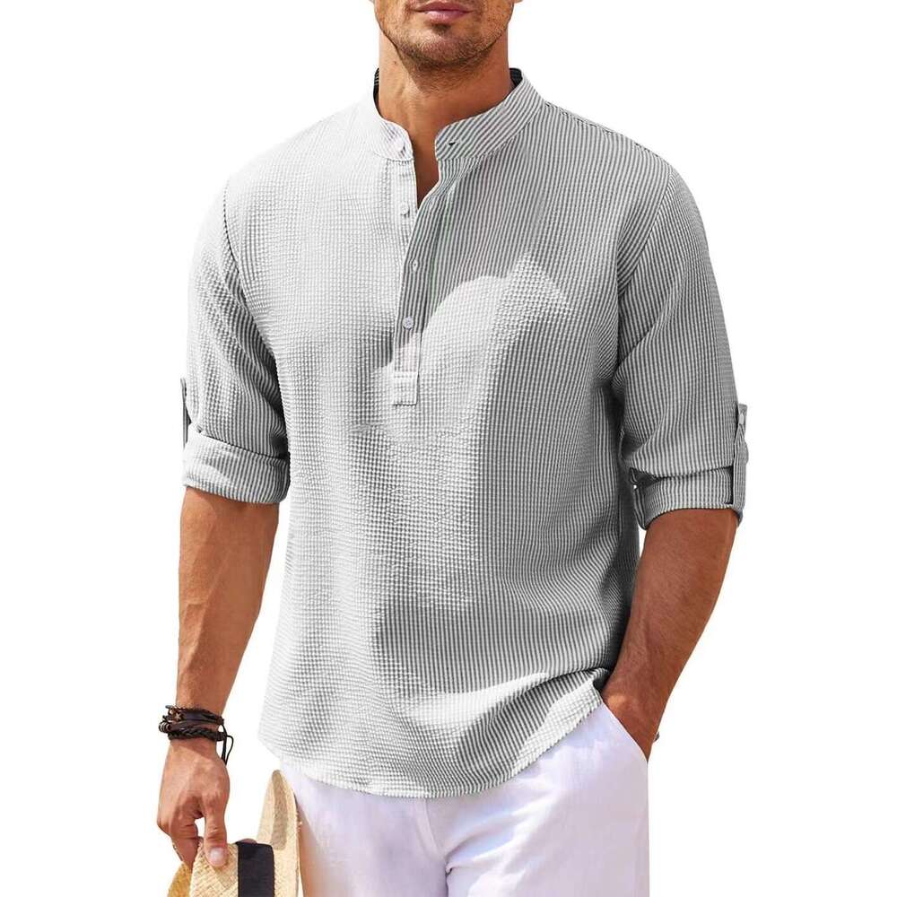New European and American long sleeved stand up collar open top striped foam men's plus size shirt 2024 new casual fashion trend clothing