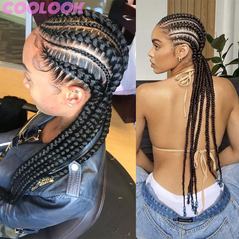 360 Full Box For Black Women Cornrow Braided Synthetic Wig With Baby Hair 36 Inch Long Braid Lace Frontal Wigs