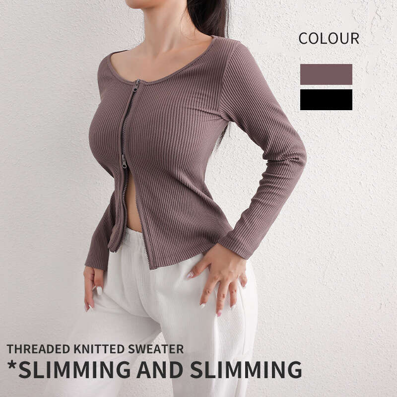 New Threaded Double Zipper Long Sleeve Coat for Women's Fiess Gym Speed Drying Running Training Sports Top Solid Color Yoga Clothes