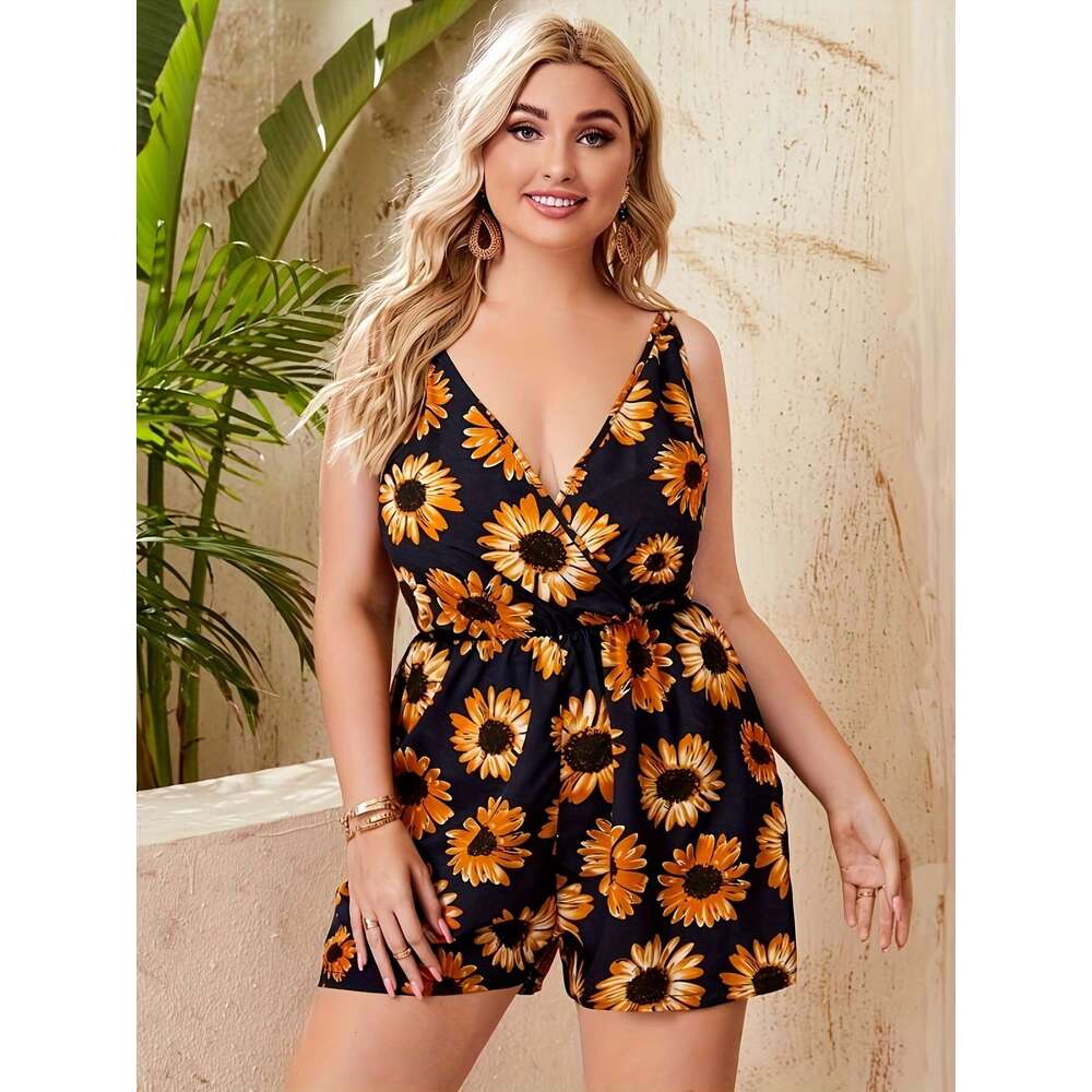 Large floral print tank top summer vacation V-neck sleeveless jumpsuit, women's plus size clothing