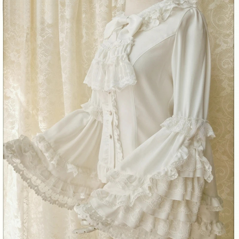 Japanese Victorian Lolita Shirts Women Vintage Sweet Flare Long Sleeves Slim Tops Female Gothic Y2k Black White Blouses