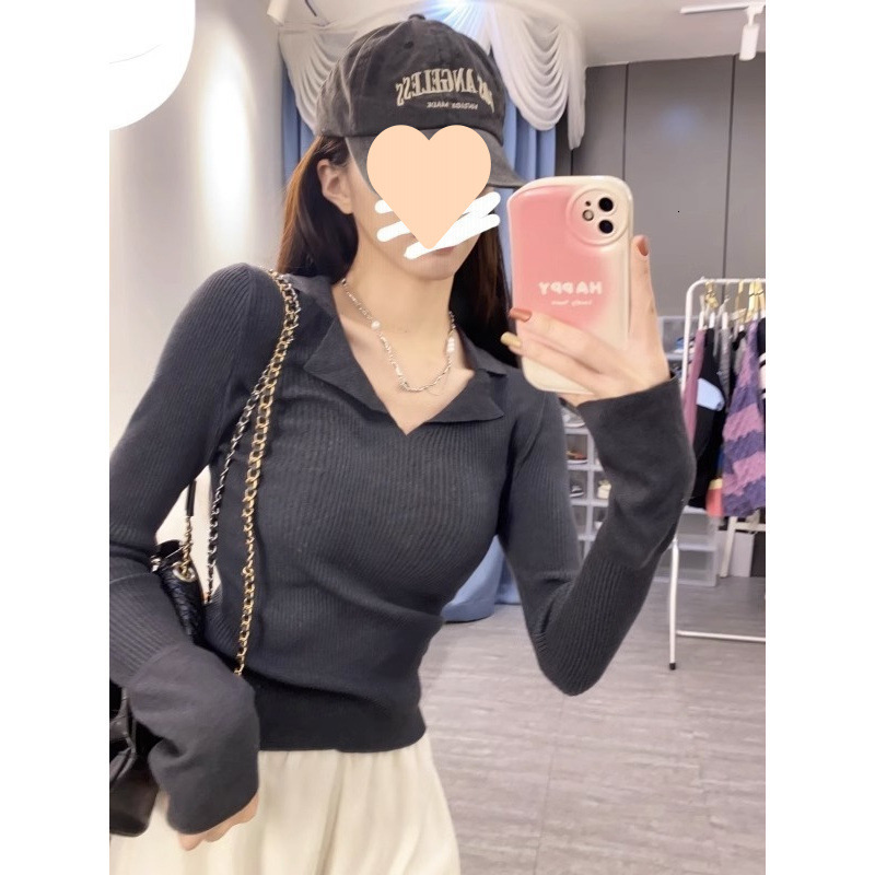 New French style niche collar knitted early autumn new design sense basic shirt slim fit designer women's top