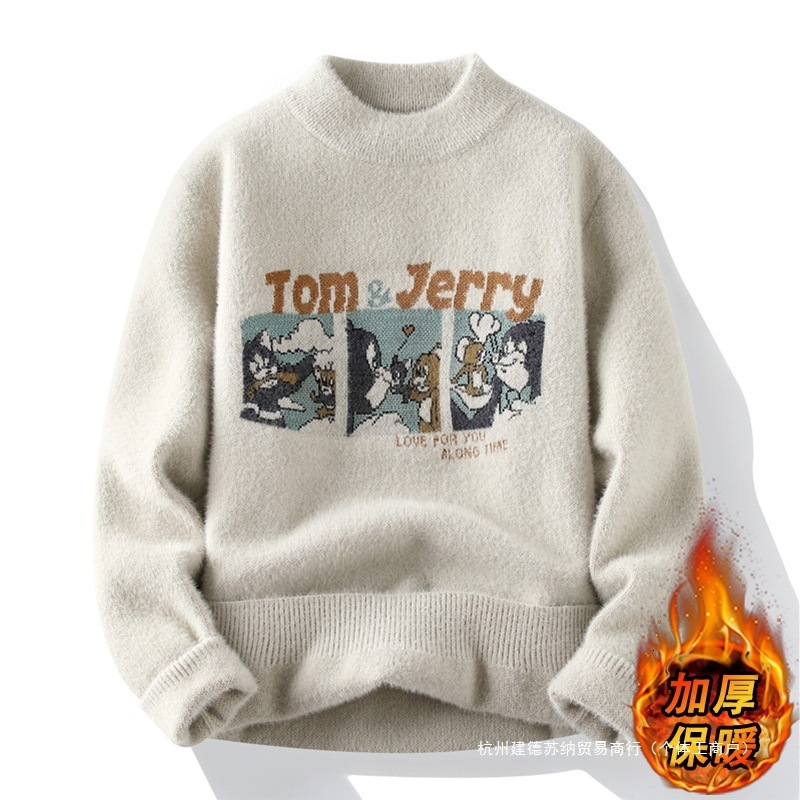 Winter New Thickened Warm Cartoon Couple Half High Collar Knitted Designer Sweater Men's Inner Tie Trendy Hoodie