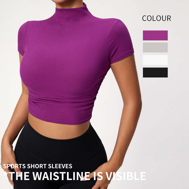 Retro Pure Desire Style Spicy Girl Half High Collar Folded Pilates Sports Short Sleeve Women's Slimming Tight Elastic Quick Drying Top