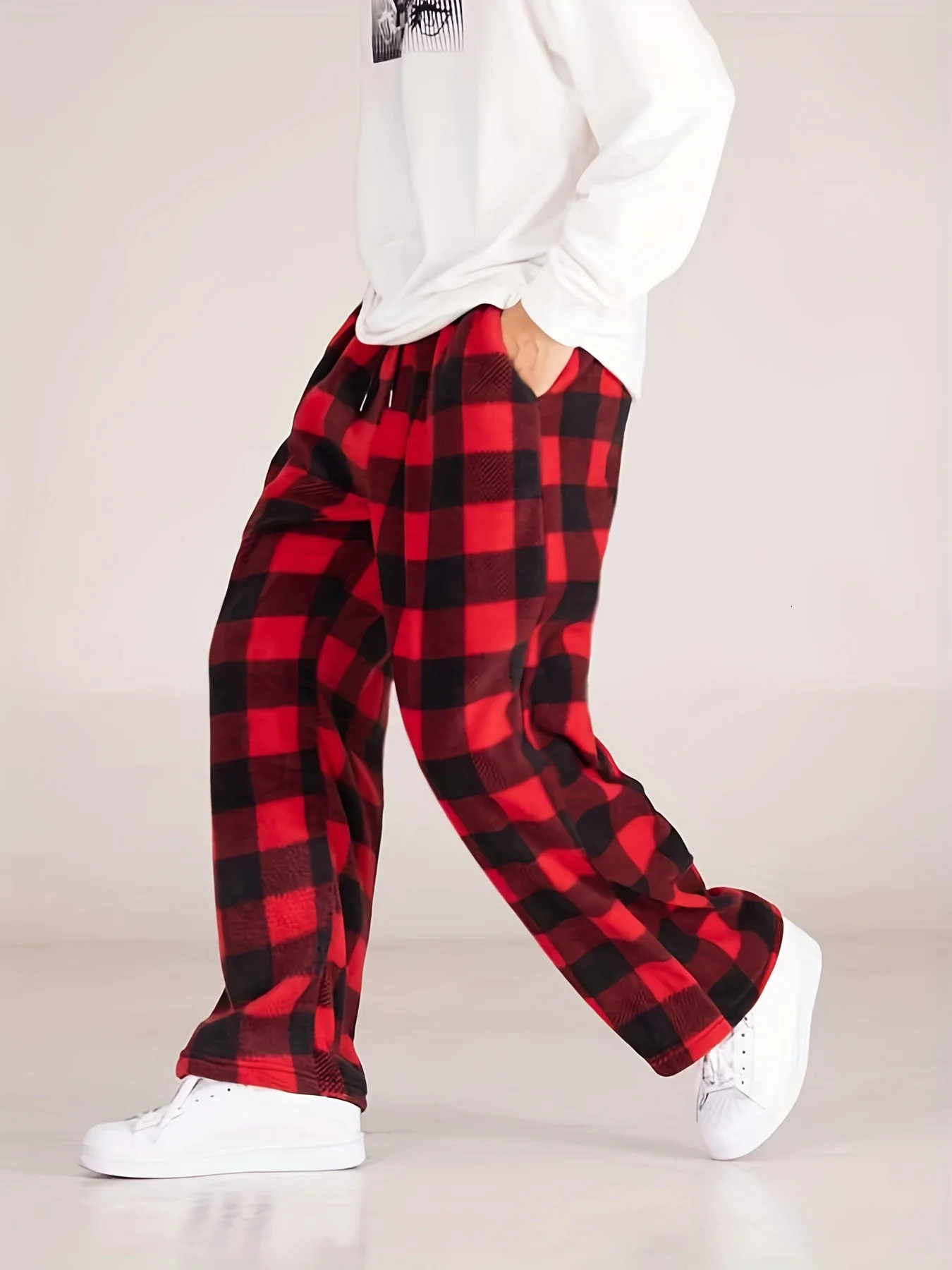 Autumn and Winter Black Red Plaid Pants Christmas Party Casual Sports Versatile Loose Straight Leg Mens American Re 241120