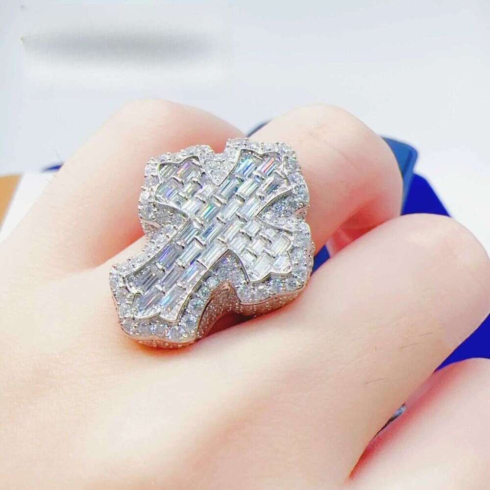 Iced Out Sterg Sier Hip Hop Moissanite Ring Men Custom Cross Finger Rings