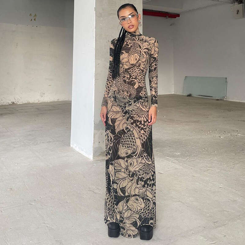 Women's 2024 Spring/Summer New Fashionable and Personalized Mesh Print Perspective High Neck Slimming Dress