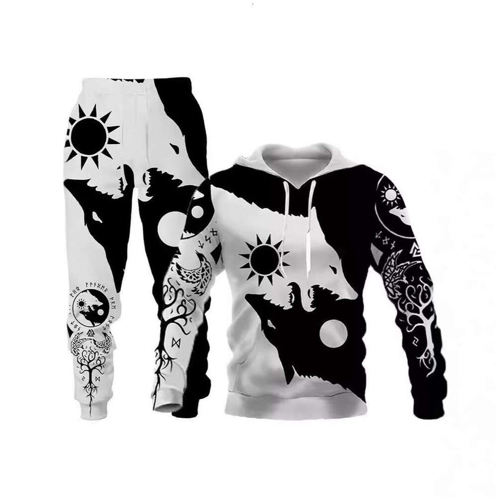 2024 New Fierce Wolf 3D Printed Set Spring Autumn European and American Men's Hoodie
