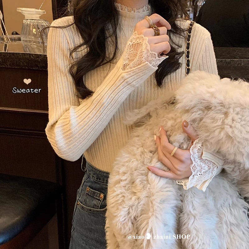 New lace trimmed semi high neck white women's sweatshirt for early autumn, new long sleeved woolen designer jacket, knitted top