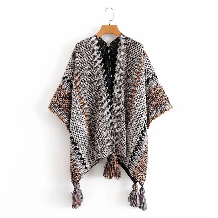 New ethnic style shawl pullover, tassel cardigan, colorful loose textured knitted sweater, designer cape jacket