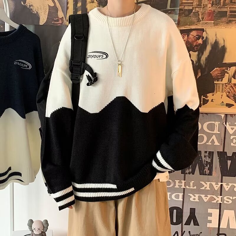 New lazy style round neck men's autumn new versatile casual contrasting color knitted sweater Korean version fashion pullover designer men's