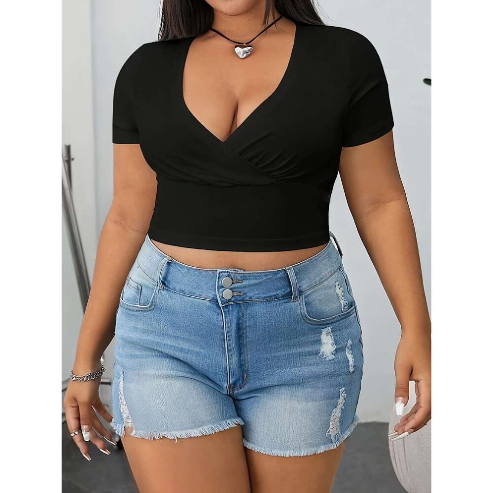 Large solid pleated collar T-shirt, spring and summer casual short sleeved top, women's plus size clothing