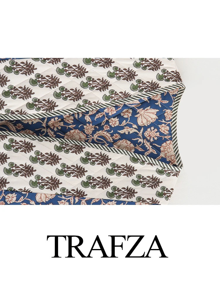 TRAFZA Vintage Womens Print Patchwork Cotton Jacket 2024 Quilted Long Sleeve Loose Short Warm Coat Autumn Winter Female Outwear 241120