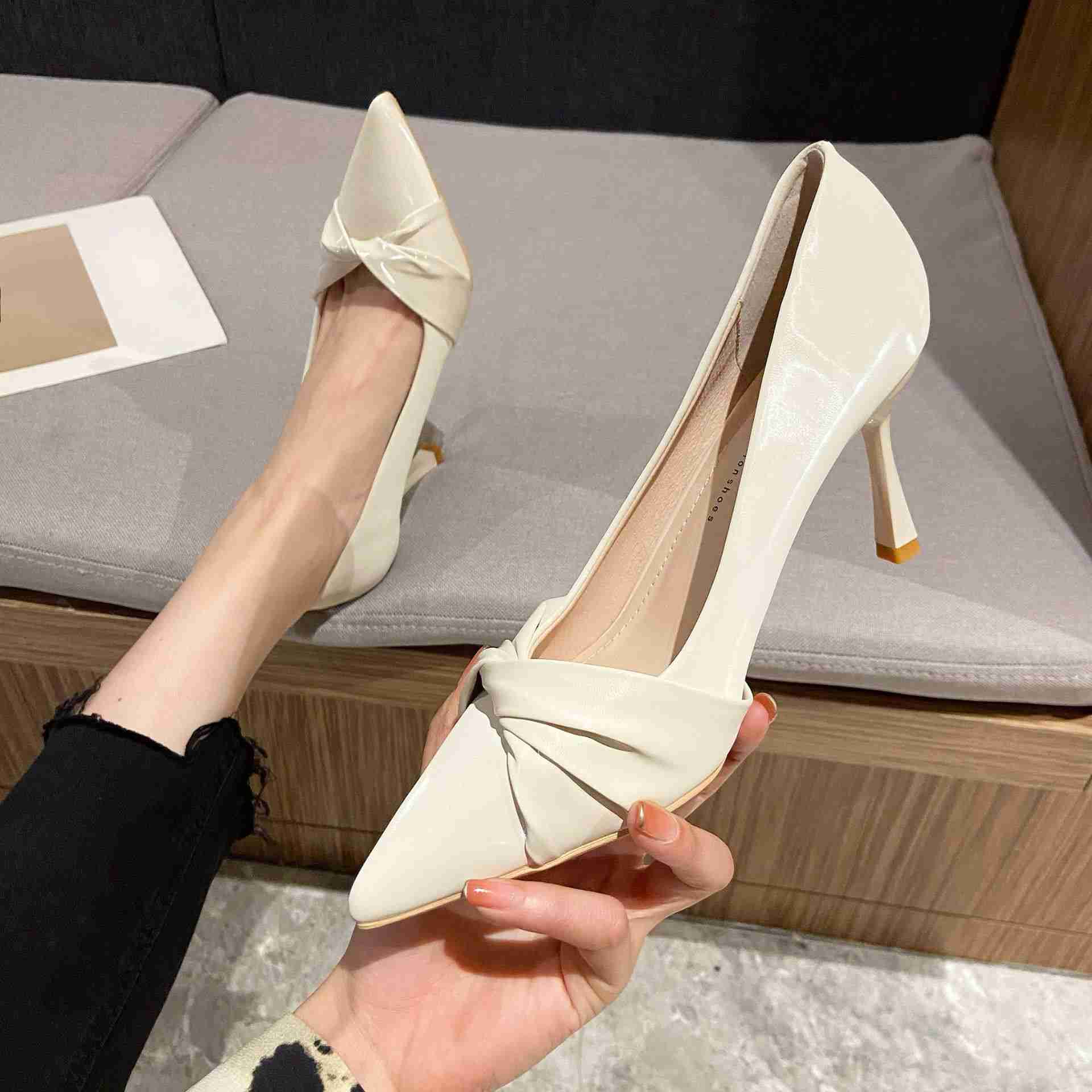 Spring Summer New Collection Solid Color Low Top Pointed Fine Heel 7CM Adhesive Shoes Daily 5CM Womens High Heels