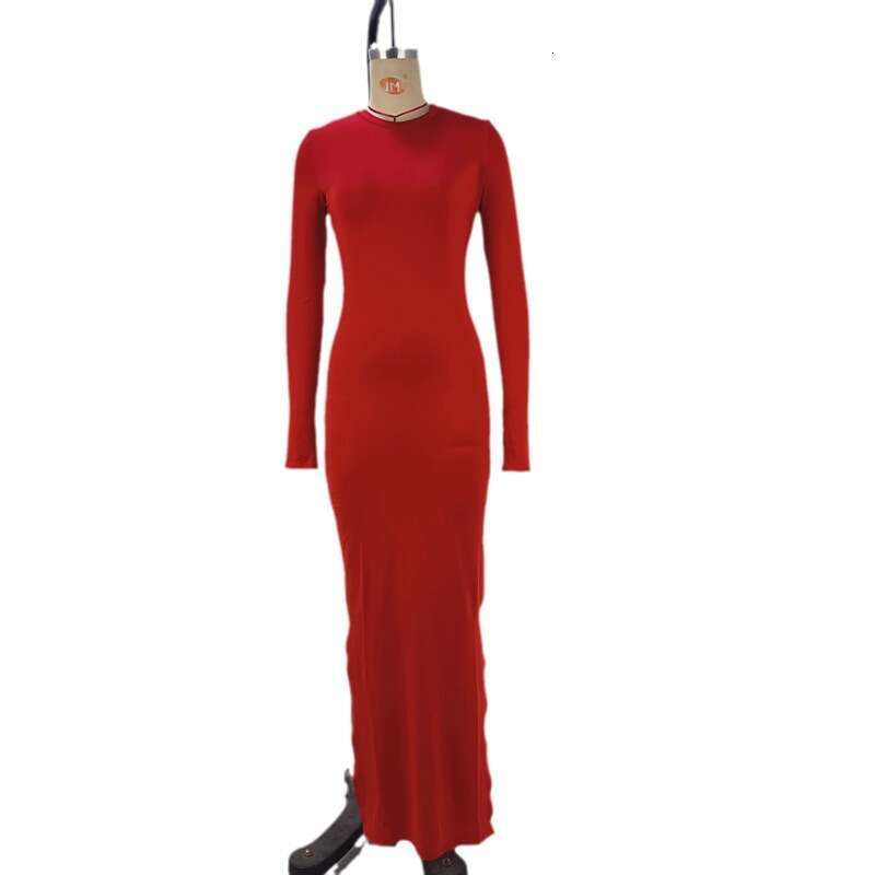 Women's 2024 Spring/Summer New Solid Color Long sleeved Waist Wrap Hip Split Dress Children's Vacation Style