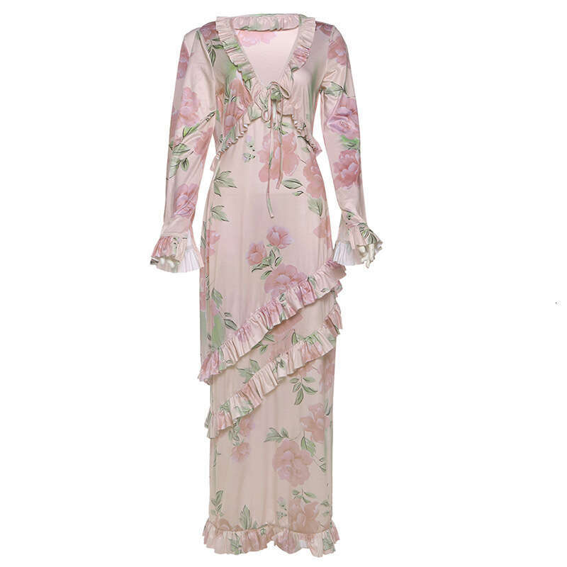 Wind 2024 Winter New Product Sexy Slimming Deep V-Strap Printed Black Fungus Edge Long Trumpet Sleeve Dress