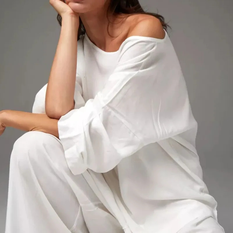 French Loose Women Two Peice Sets O-Neck Long Sleeve Tops + High Wasit Wide Leg Pants White Color Casual Fashion Outfits Suits