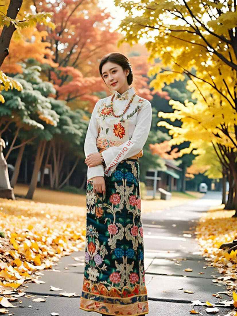 Tibetan Clothing for Women Autumn Blouse + Skirt Ethnic Style Tibetan Tops + One-Piece Wrapped Skirts Travel Photos Uniform