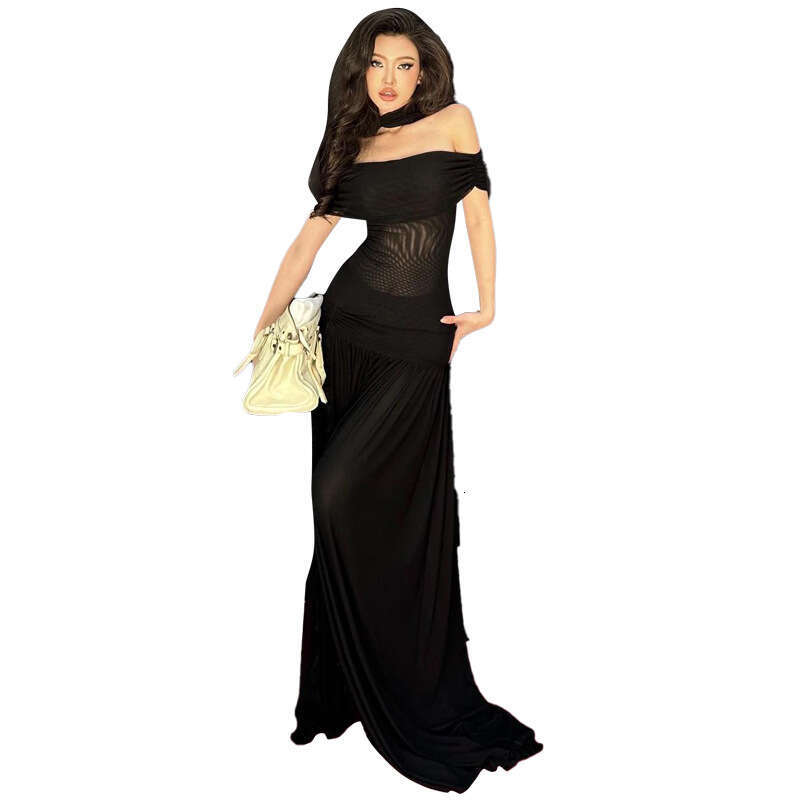 Wind 2024 Autumn/Winter New Women's Dress with One Piece Neck, Sexy Off Shoulder, High Waist, Slim Fit, Hip Wrapping, Female